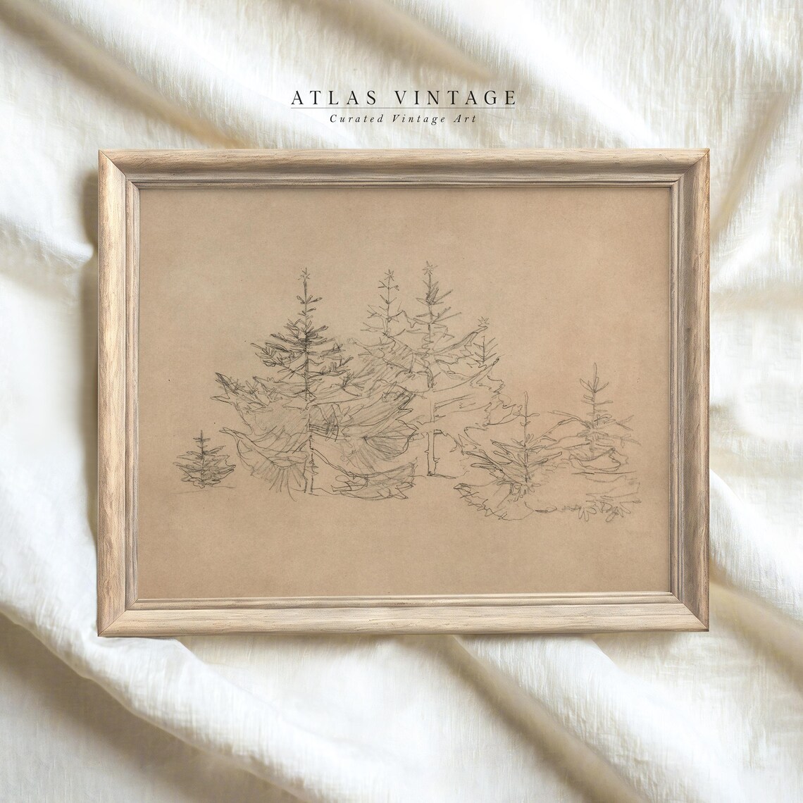 Pencil Sketch Christmas Trees Minimalist Beige Holiday Poster