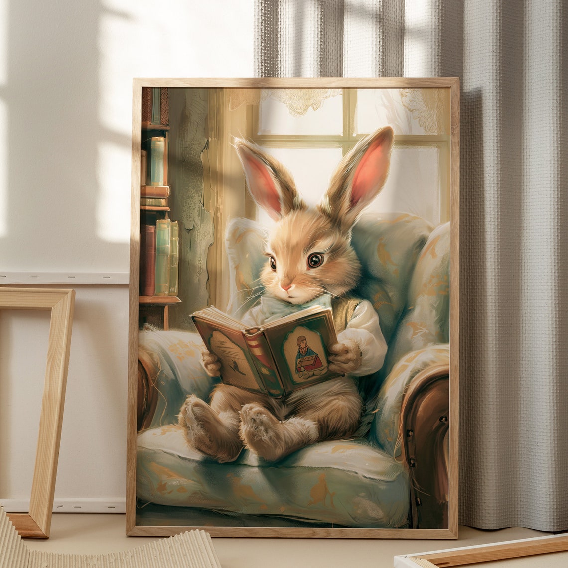 Easter Bunny Reading A Book Print Vintage Spring Rabbit Wall Art Nursery Kids Room Dcor Antique Cute Bunny Painting - Image 6