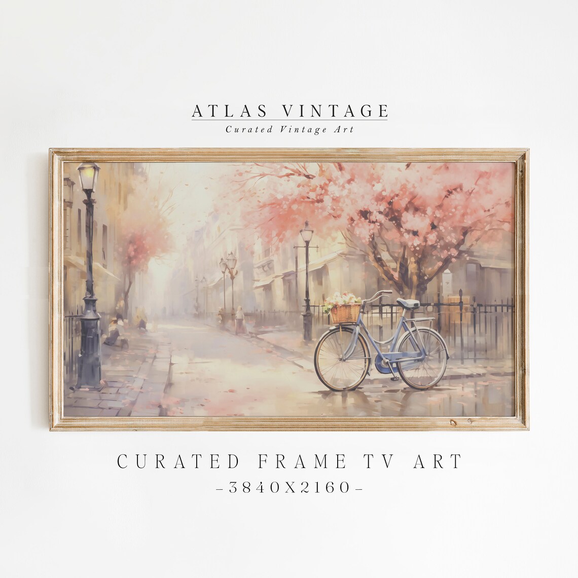 Vintage Spring Bicycle Cherry Blossom Street Romantic City Art Poster