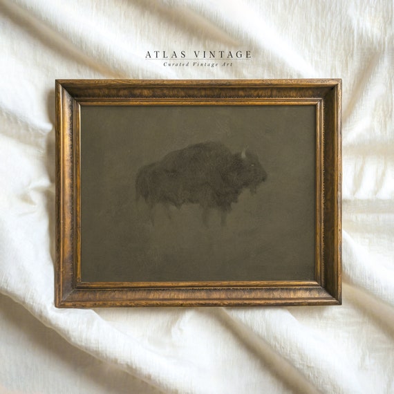 Vintage Buffalo Print Minimalist Western Bison Painting Southwestern Sage Green Decor Rustic Moody Painting Wall Art