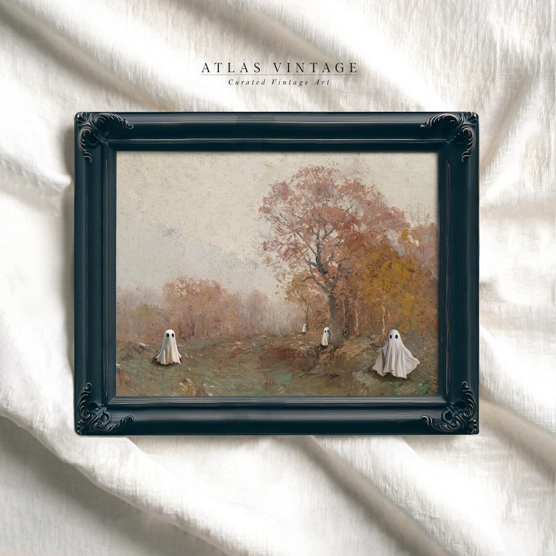 Four Sheet Ghosts Misty Autumn Field Rose Trees Soft Halloween Landscape Poster - Image 5