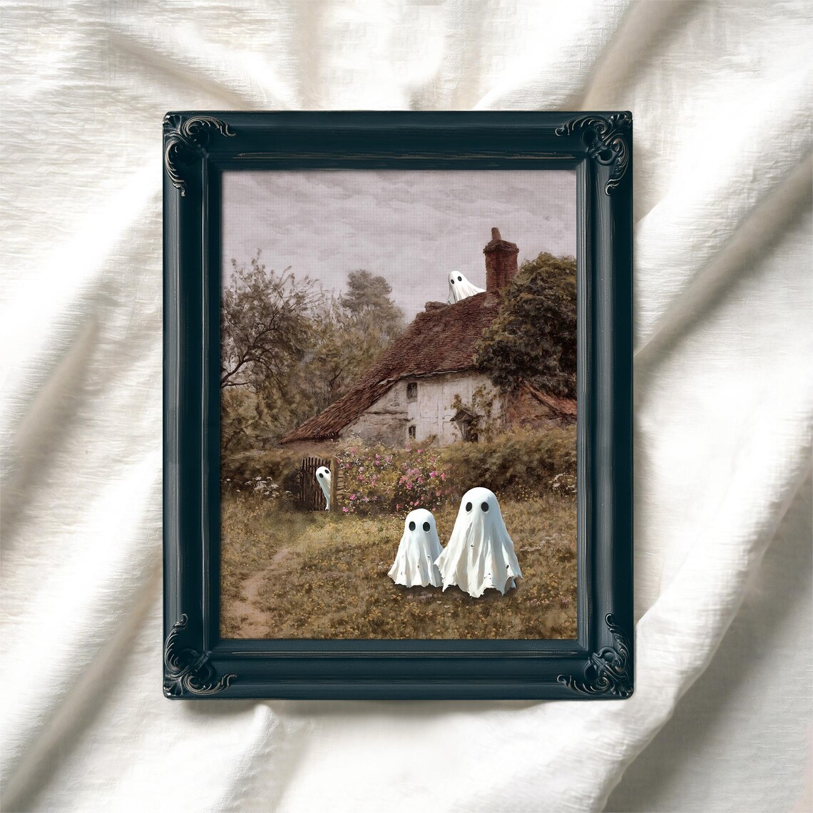 Cute Sheet Ghosts Old Country Cottage Fall Landscape Halloween Art Poster - Image 6