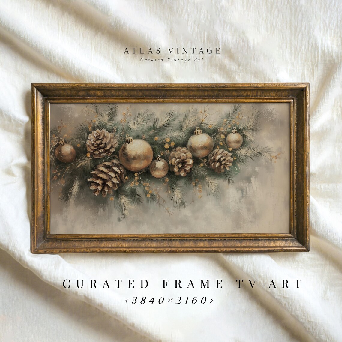 Vintage Christmas Garland Pinecones Gold Ornaments Winter Poster