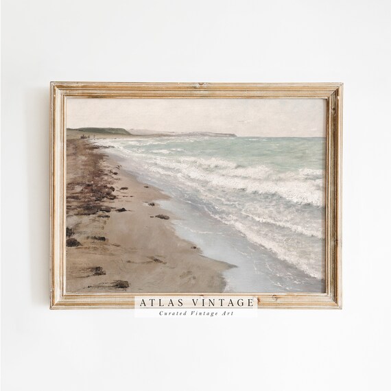 Vintage Coastal Seascape Sandy Beach With Foam Waves Art Poster