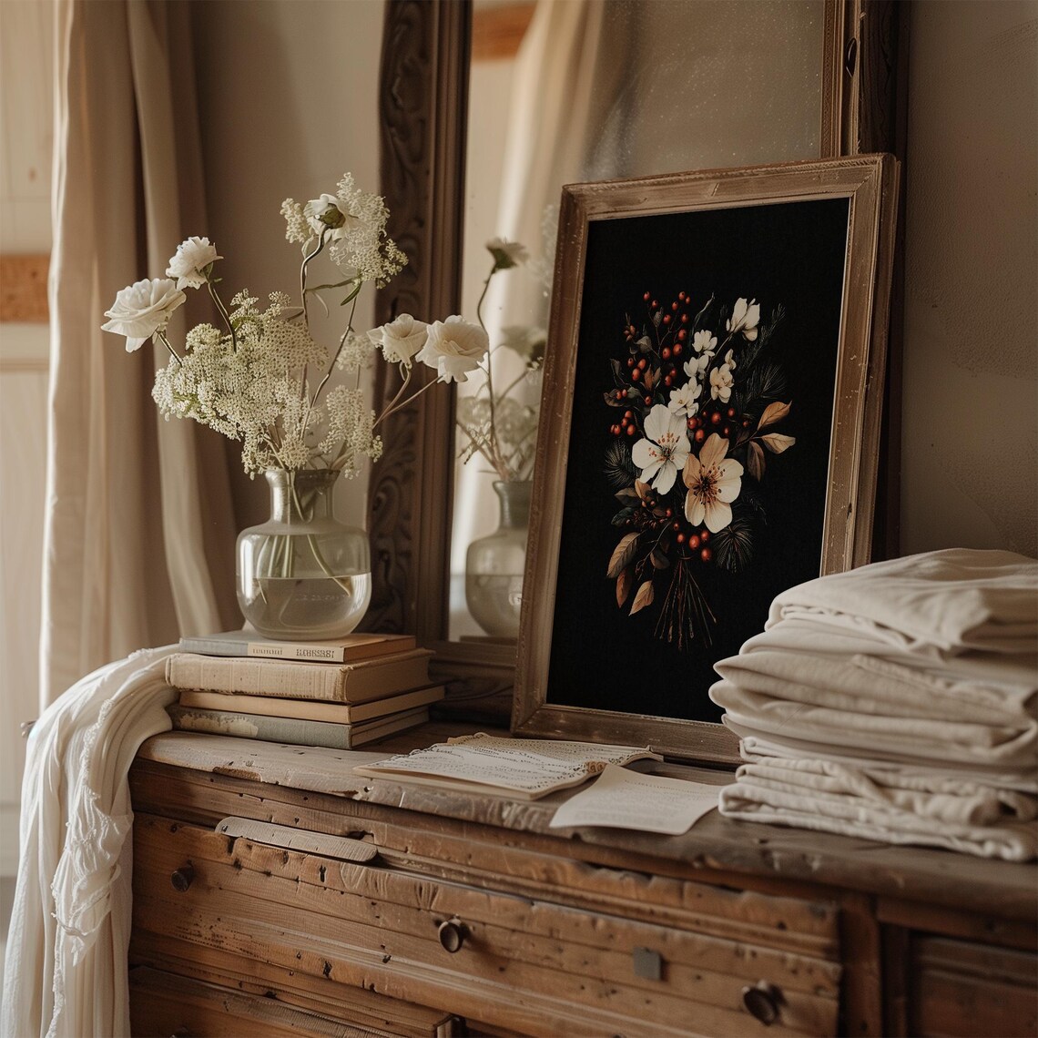 Dark Moody Winter Flower Bouquet Poster Christmas Botanical Art - Image 2