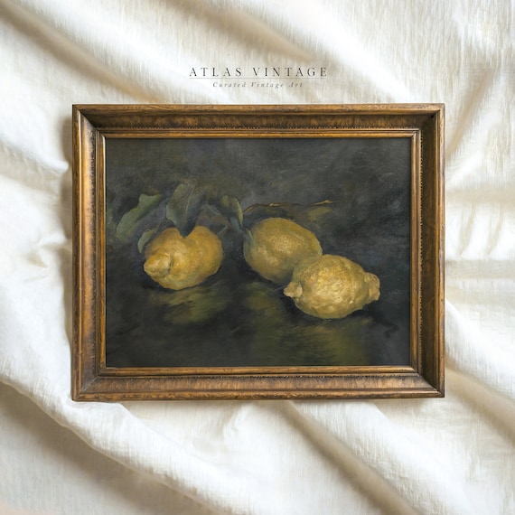 Vintage Lemon Print Still Life Fruit Painting Kitchen Decor Cottagecore Wall Art