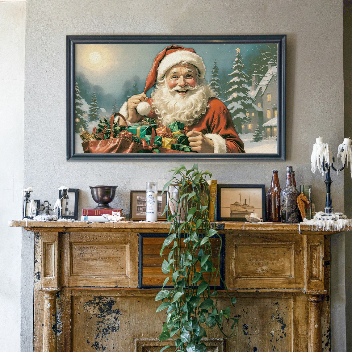 Jolly Santa Claus with Gift Sack Vintage Christmas Scene Poster - Image 6