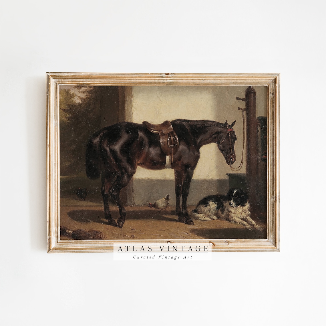 Saddled Bay Horse in Stable with Dog Vintage Equestrian Poster
