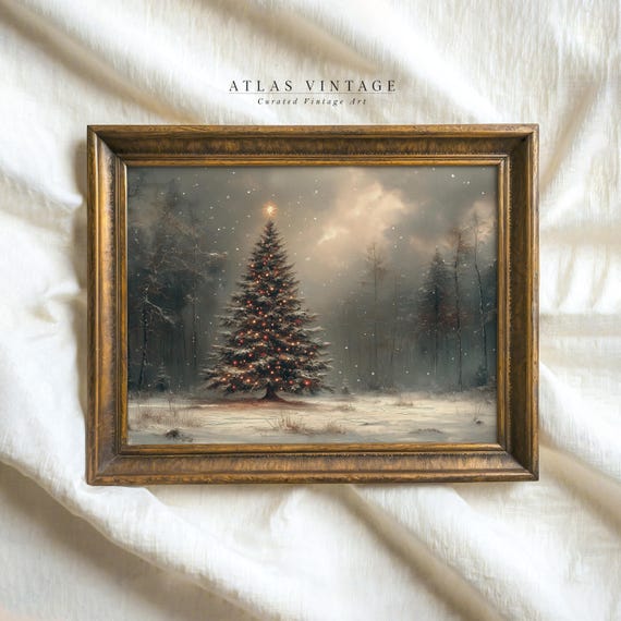 Vintage Christmas Tree Painting Print Dark Winter Snowy Landscape Decor Xmas Snowy Forest Moody Holiday Festive Art