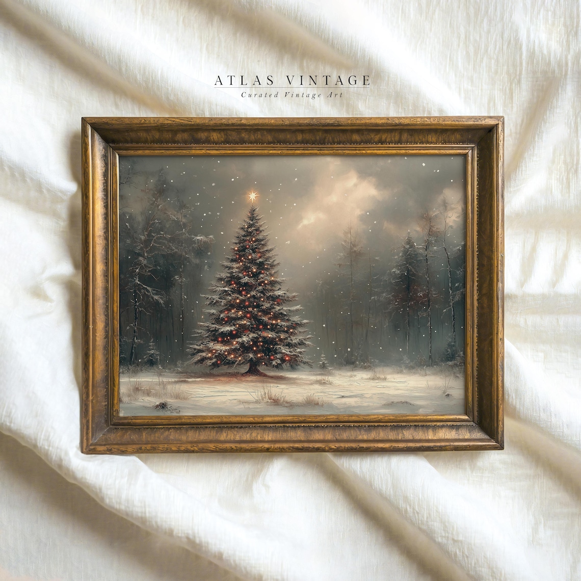 Vintage Snowy Christmas Tree Winter Forest Lights Moody Poster
