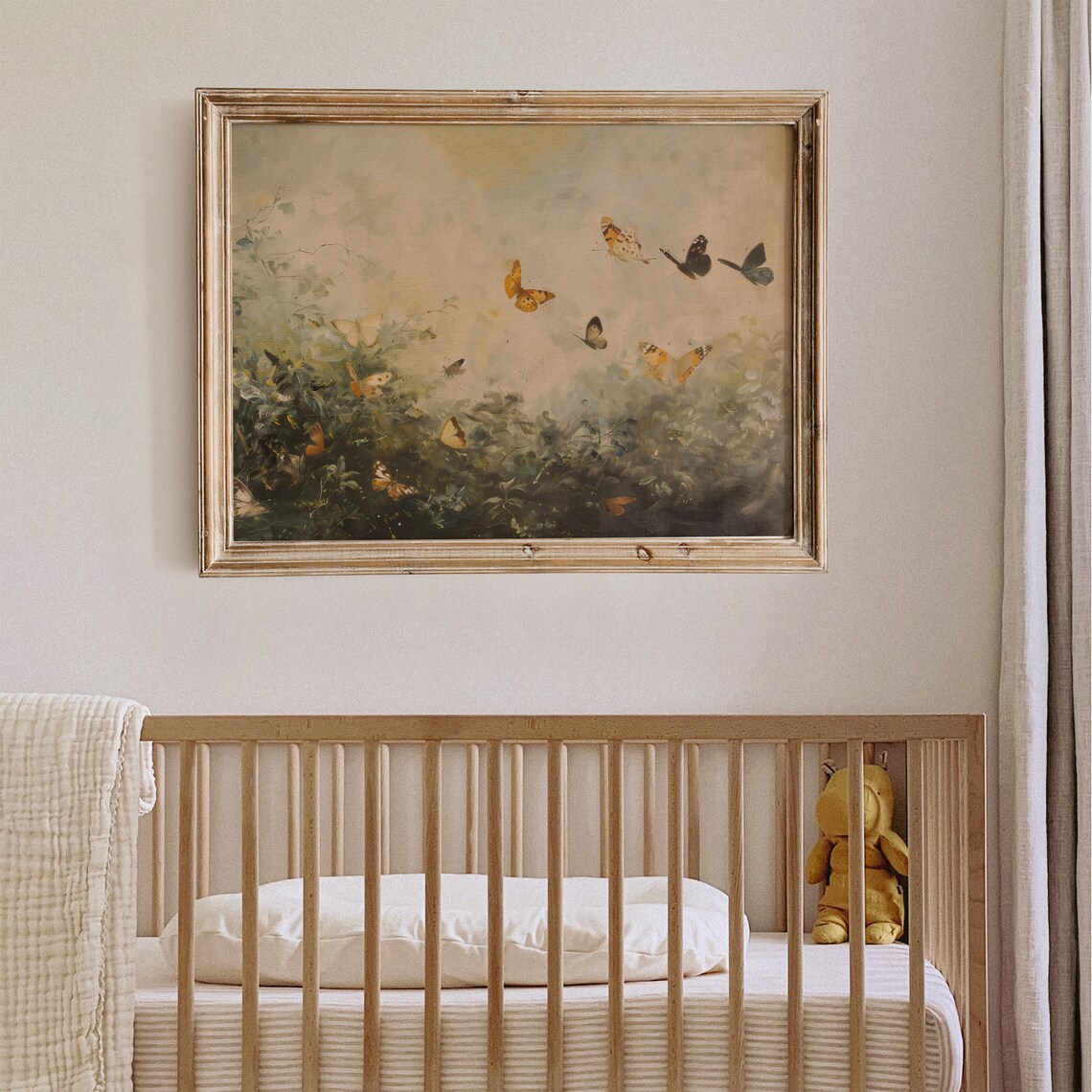 Colorful Butterflies Flying Over Misty Garden Painting Poster - Image 4
