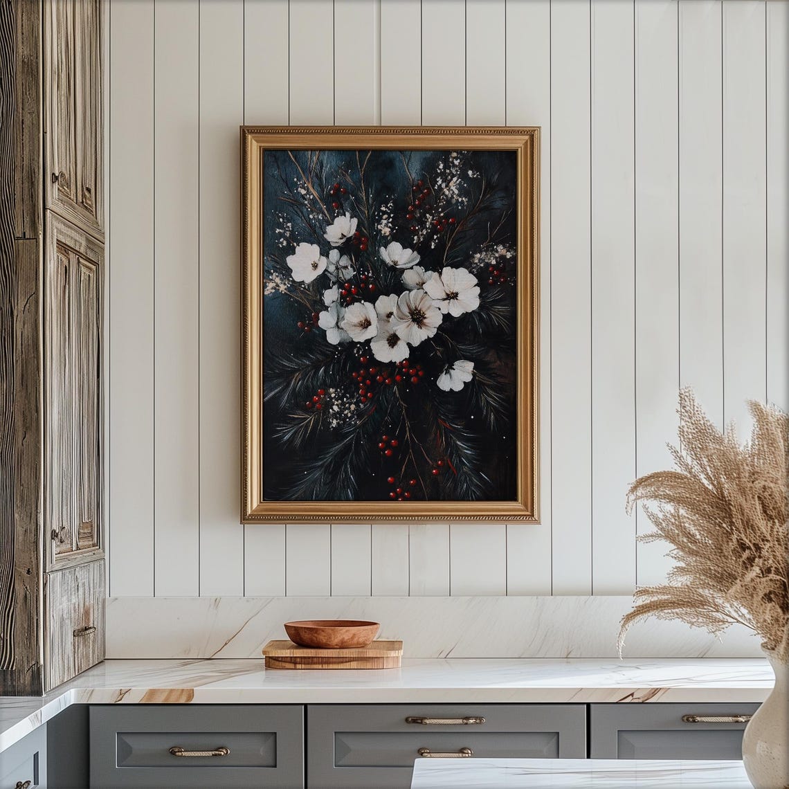 Dark Moody Winter Florals White Blooms Red Berries Evergreen Poster - Image 4