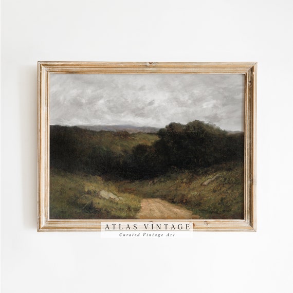 Moody Country Road Landscape Painting Print Vintage Summer Scenery Print Wall Art Dark Green Rustic Decor