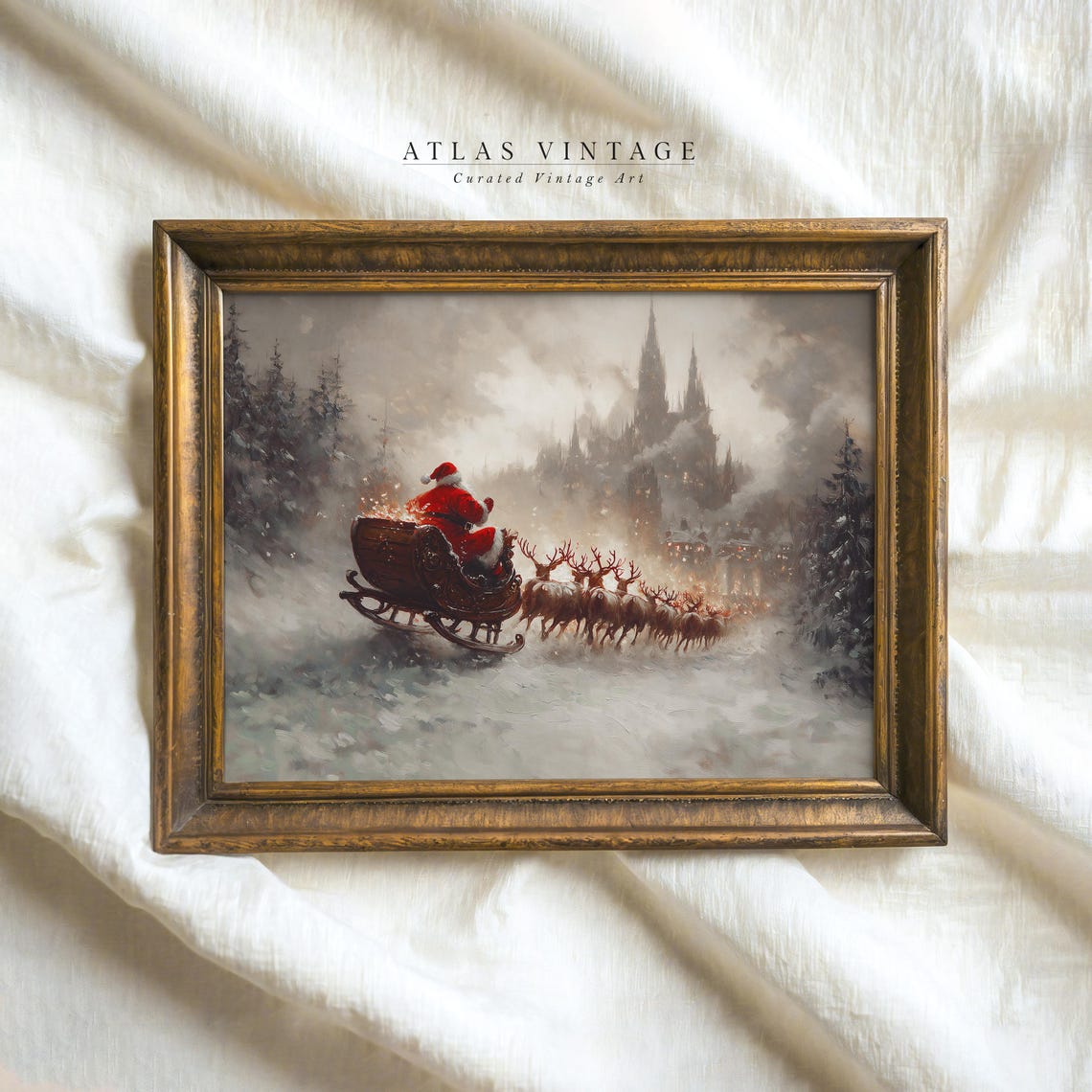 Santa Claus in a Red Sleigh Racing Toward a Snowy Village Poster