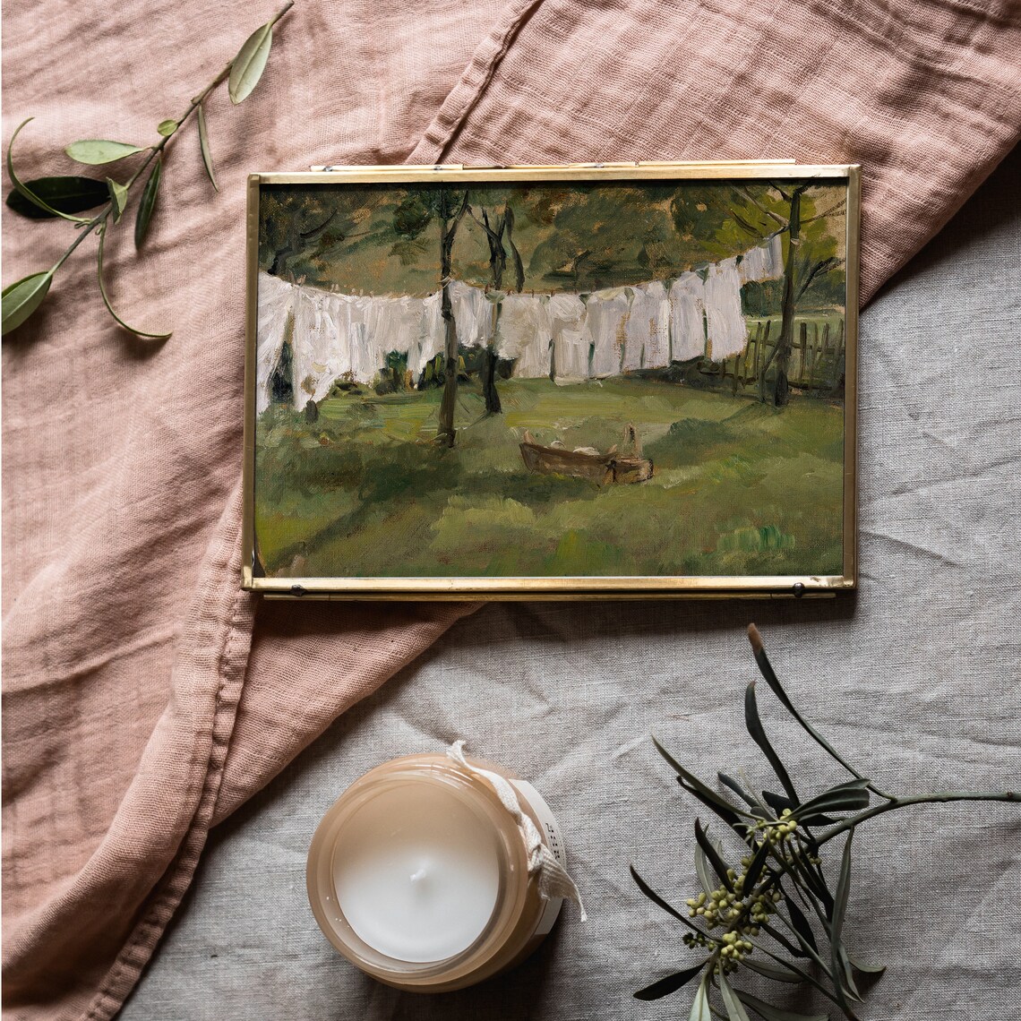 Sunlit Laundry Lines White Sheets On Green Farmyard Cottage Wall Poster - Image 2