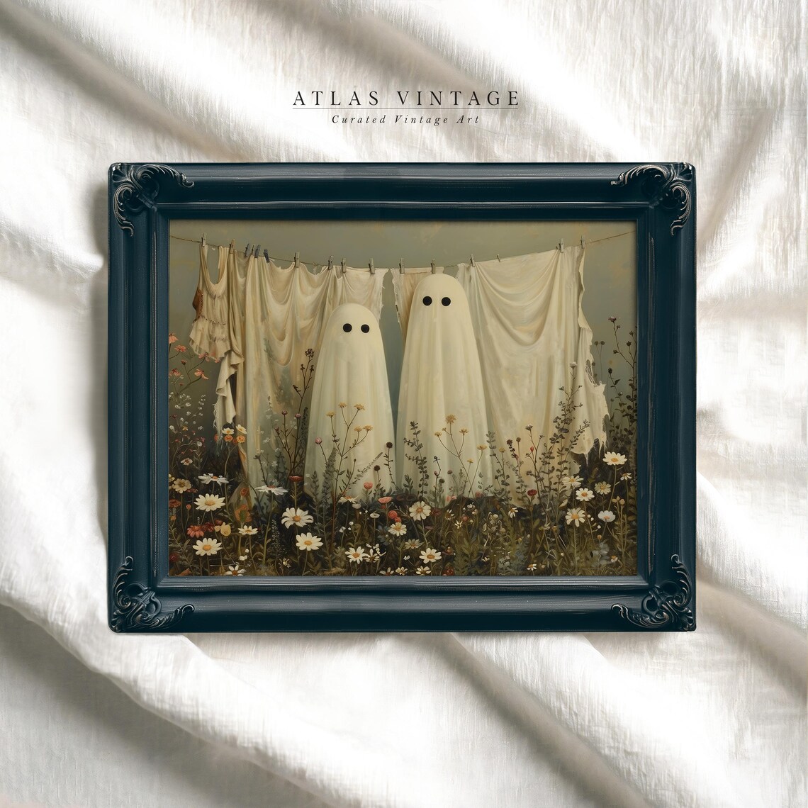 Cute Sheet Ghosts on Clothesline Halloween Wildflower Meadow Art Poster - Image 5