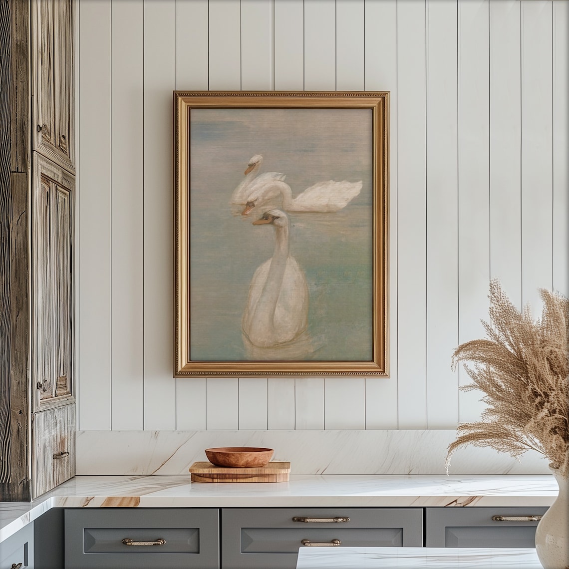 Three White Swans Swimming on Calm Lake Water Vintage Poster - Image 6
