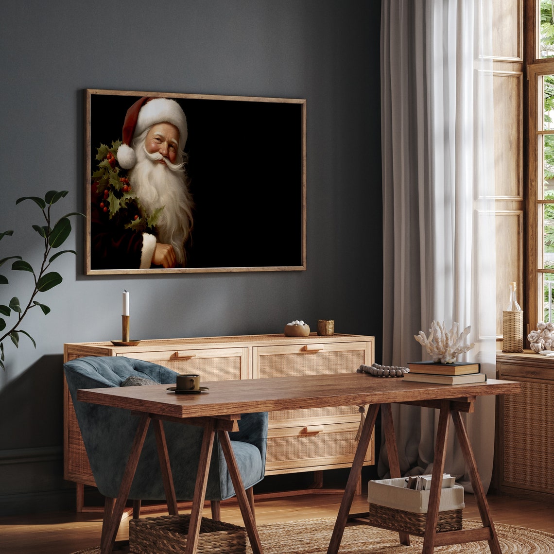 Santa Claus Portrait With Holly Dark Vintage Christmas Poster - Image 7