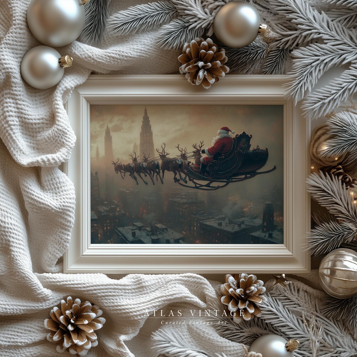 Santa Sleigh Over City Rooftops Reindeer Christmas Night Poster - Image 5