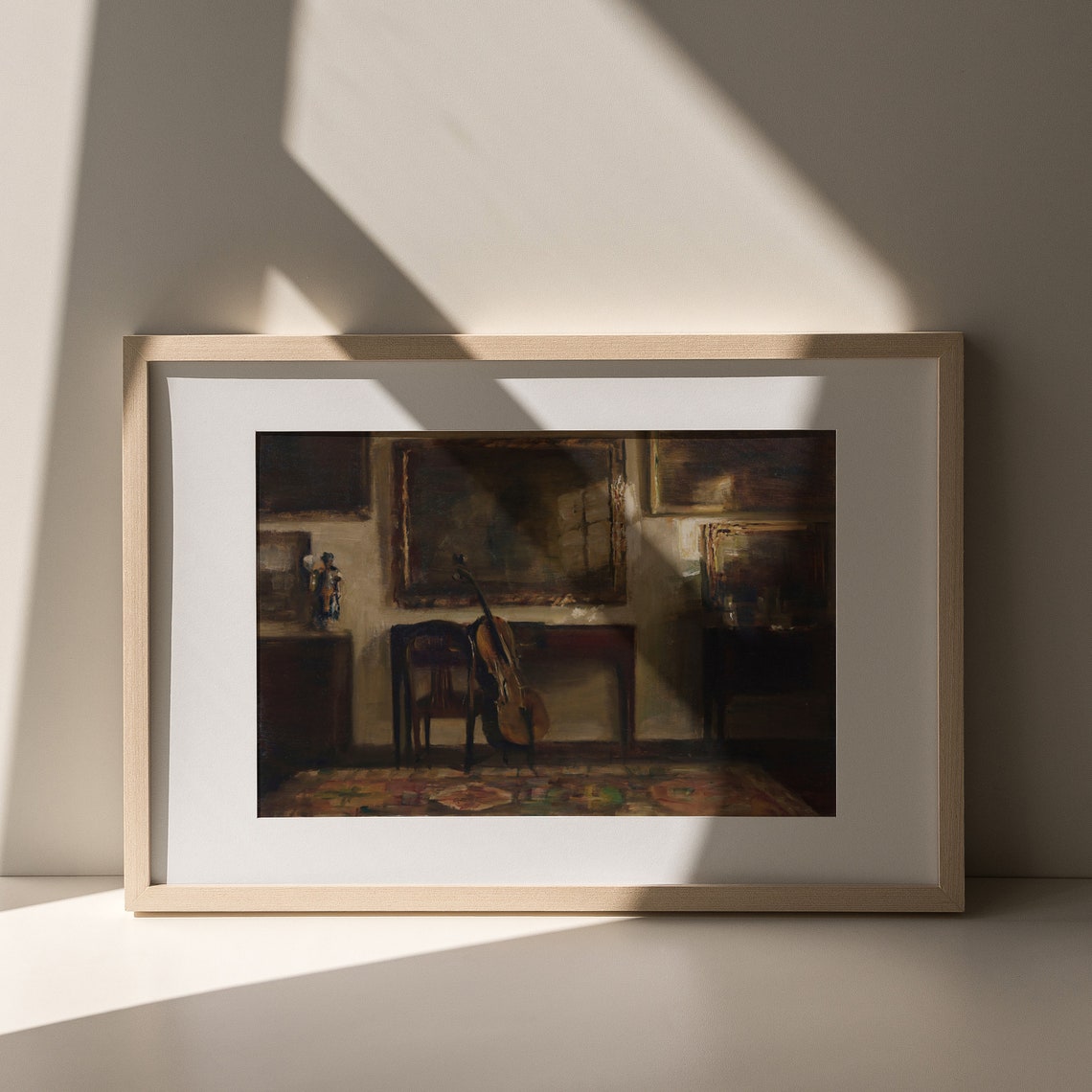 Moody Interior with Cello by Window Dark Vintage Painting Poster - Image 6