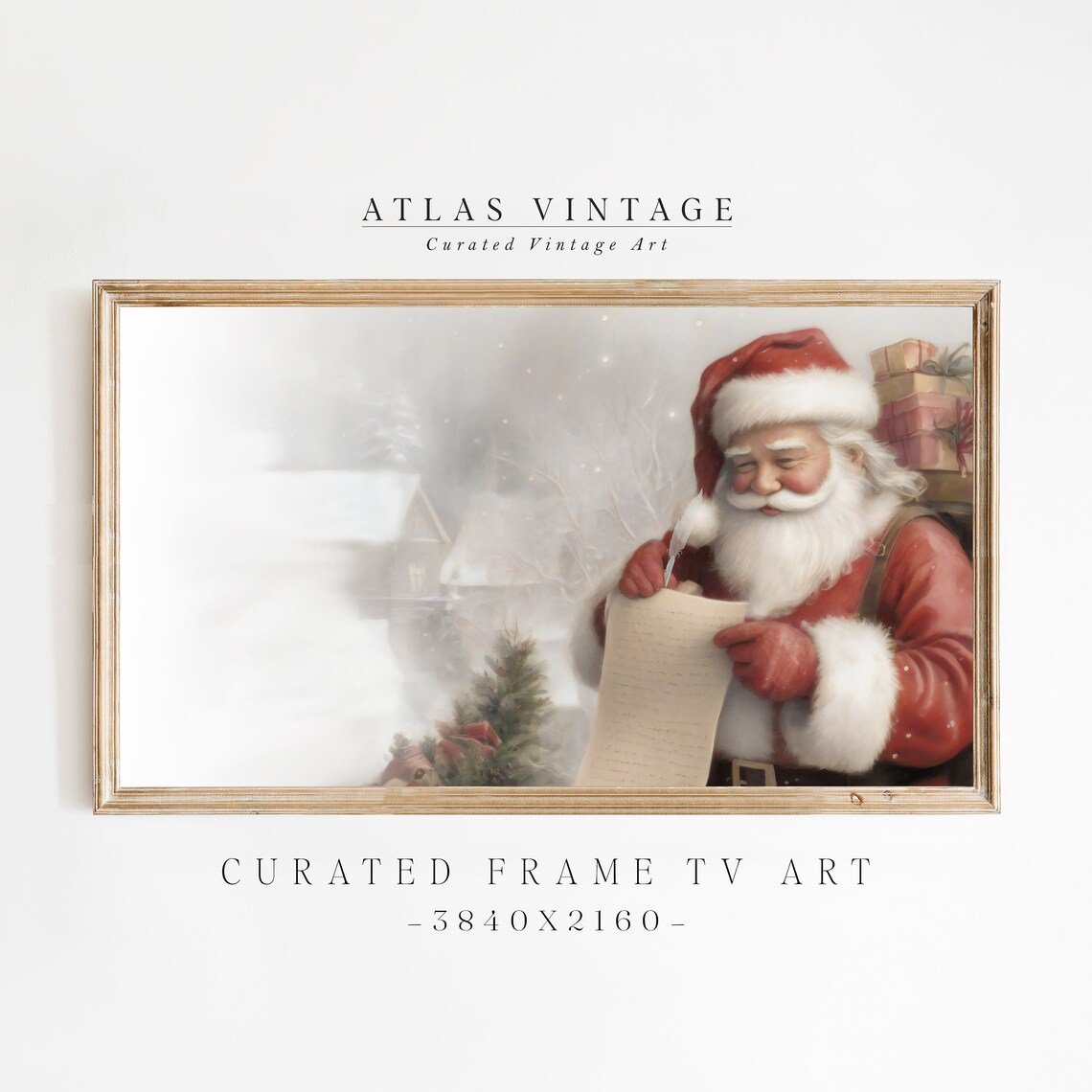 Santa Claus Checking His List in Snowy Village Painting Poster