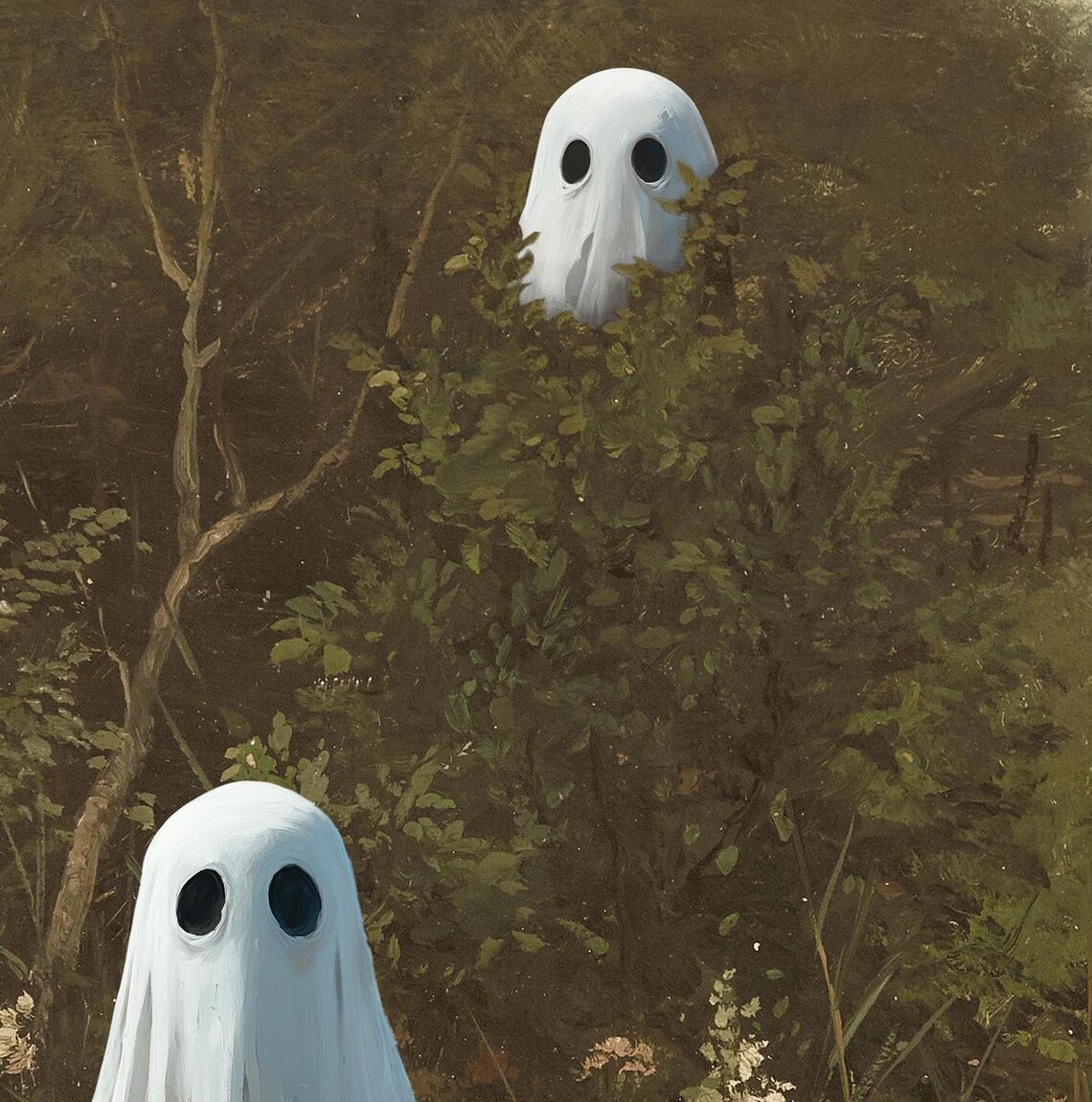 Three Cute Ghosts in Dark Moody Forest Meadow Vintage Halloween Poster - Image 7
