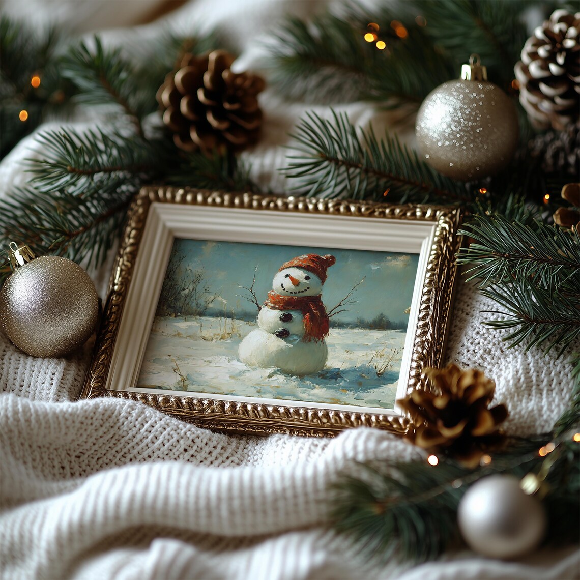 Vintage Snowman Christmas Painting Poster Cozy Winter Xmas Scene - Image 7