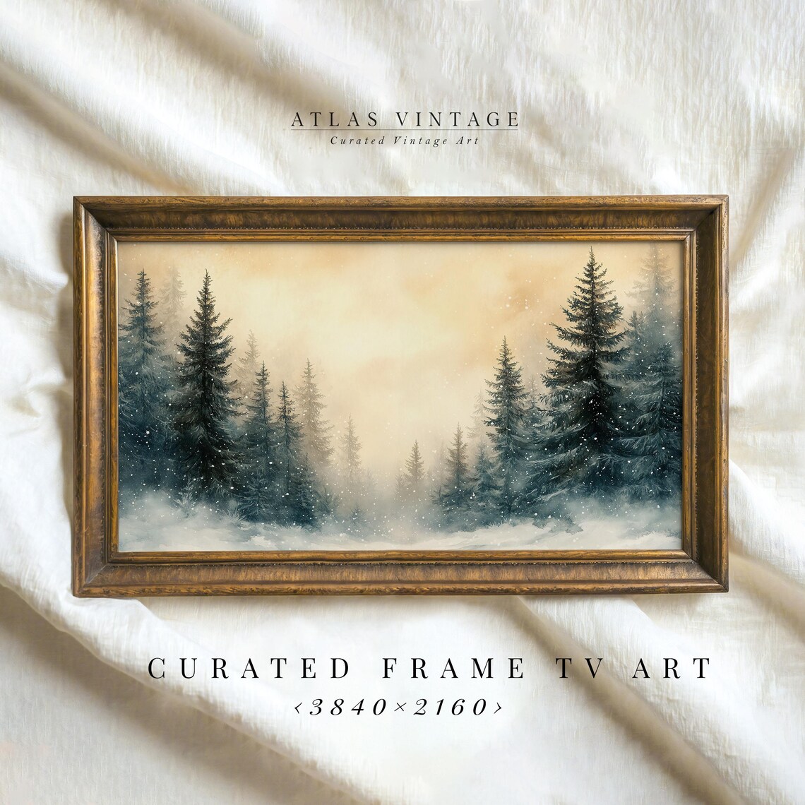 Tall Pines in Snowy Mist With Golden Sky Vintage Frame TV Art Poster