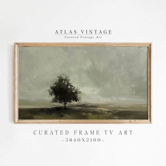 Moody Dark Landscape Lone Tree Field Tonal Painting Frame TV Wall Art