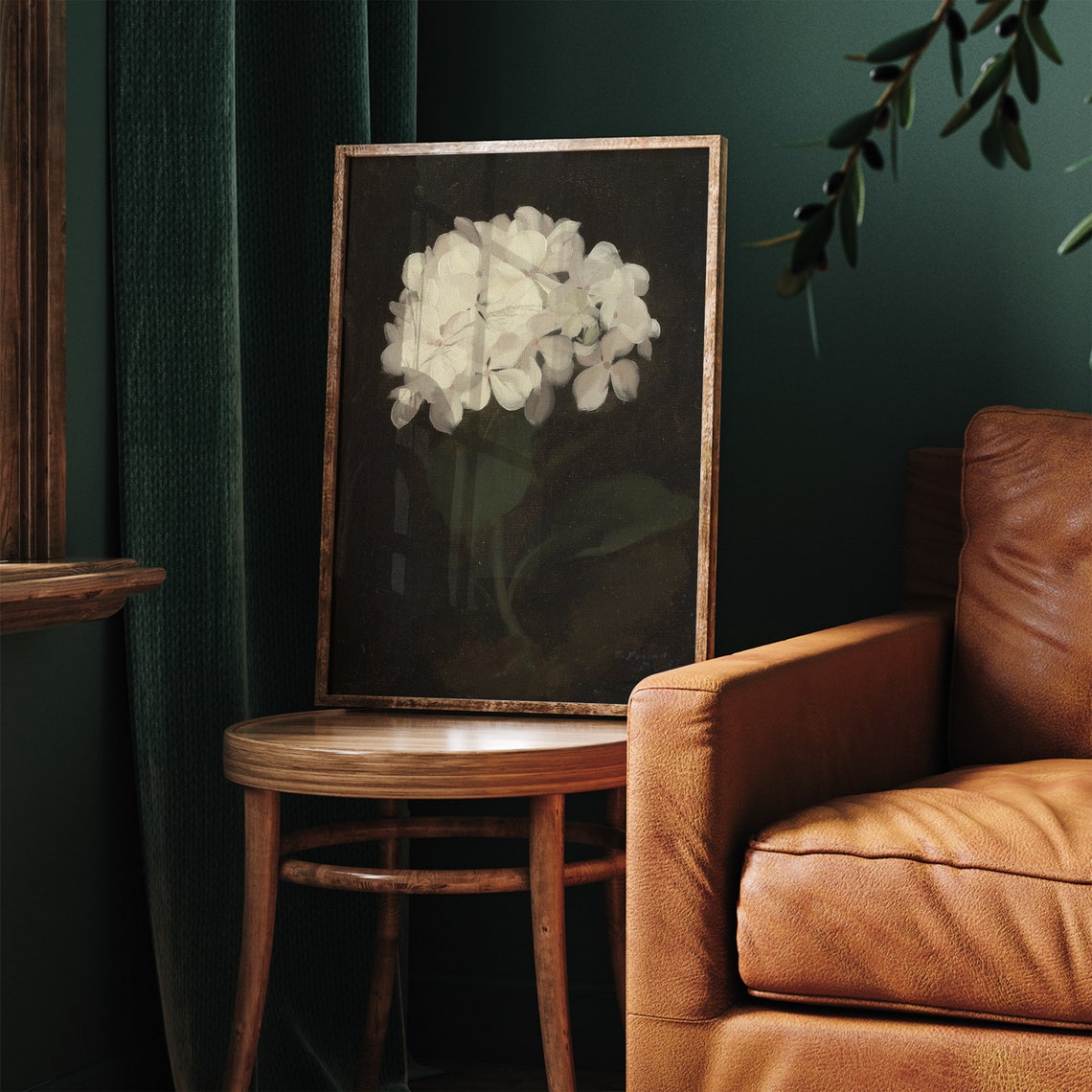 Moody White Hydrangea Bloom on Black Botanical Painting Poster - Image 6