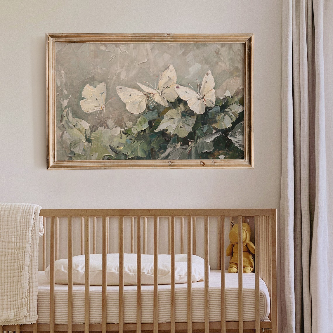White Butterflies Over Sage Green Foliage Vintage Nature Poster - Image 6