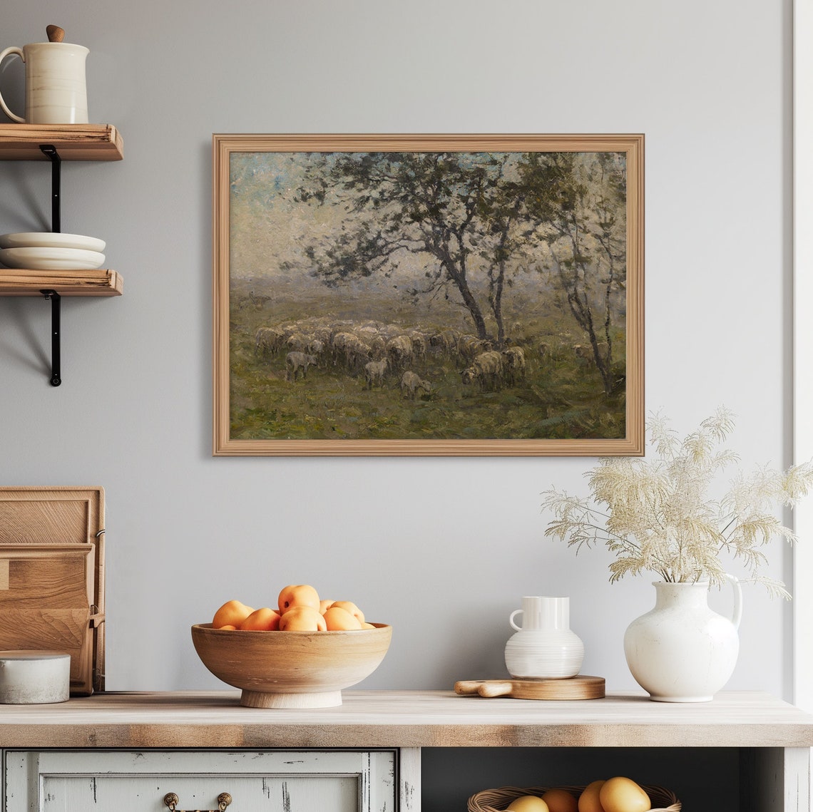 Sheep Flock in Misty Meadow Vintage Pastoral Painting Rustic Wall Art - Image 8
