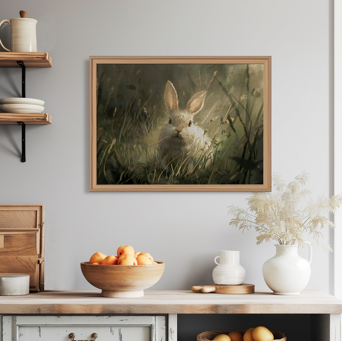White Rabbit Resting in Sunlit Meadow Wild Grass Nature Poster - Image 8
