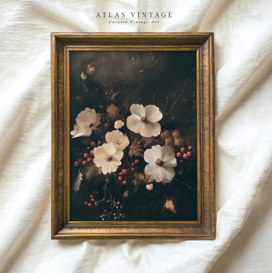 Dark Moody Winter Flower Painting Poster Vintage Christmas Floral