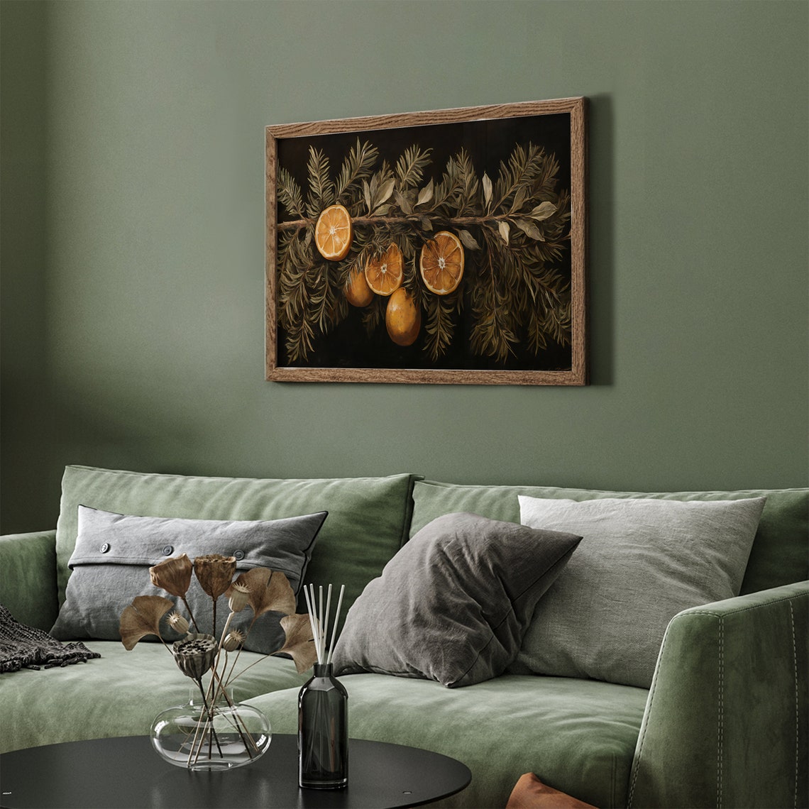 Dark Moody Evergreen Garland with Sliced Oranges Holiday Poster - Image 4