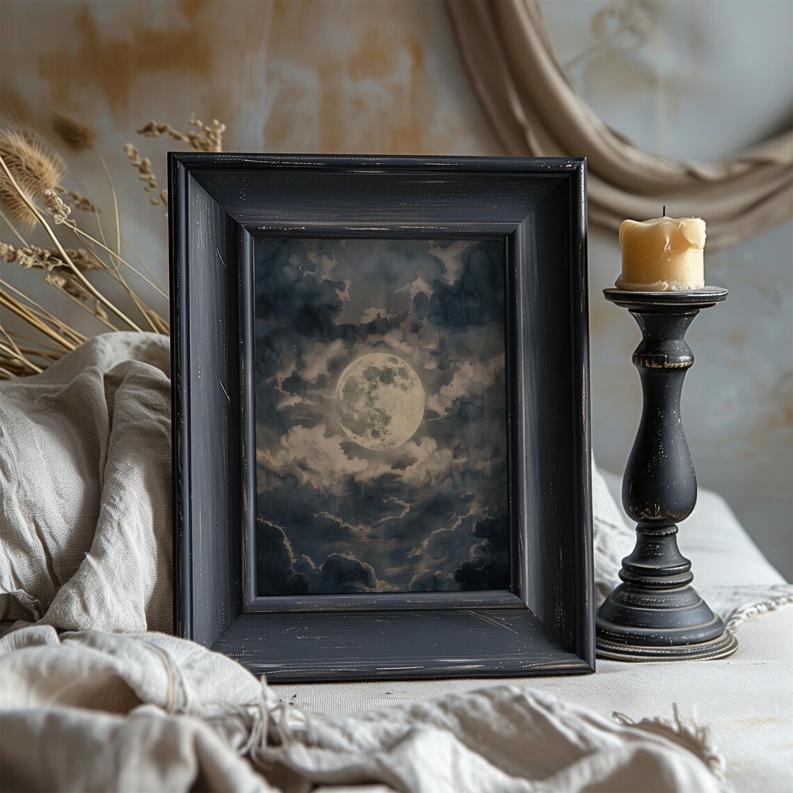 Full Moon in Cloudy Night Sky Dark Moody Lunar Painting Poster - Image 6
