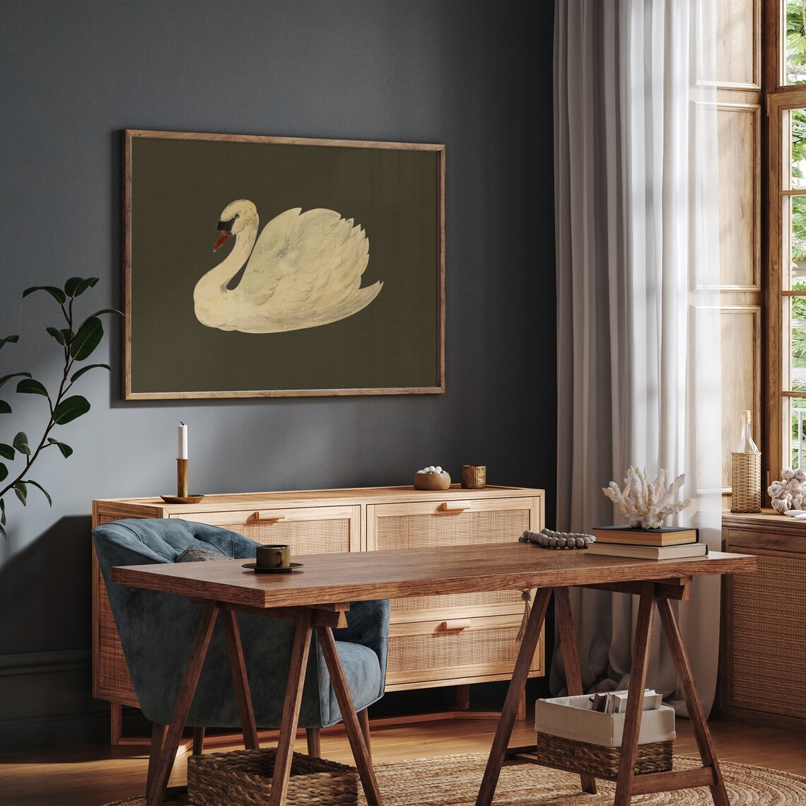 Minimalist White Swan on Dark Olive Elegant Bird Painting Poster - Image 4