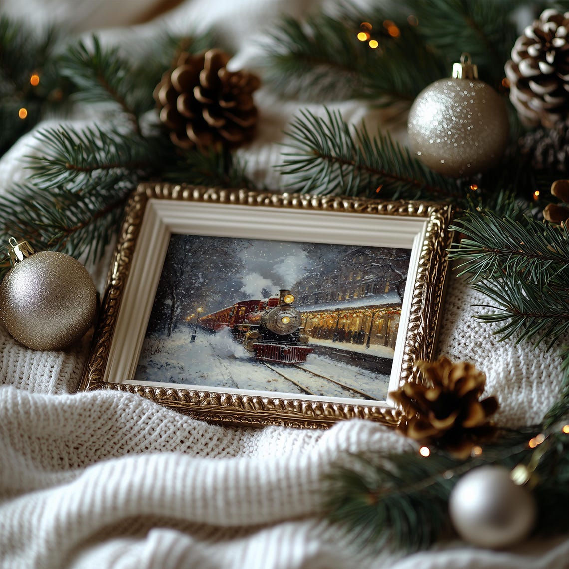 Christmas Express Train Snowy Railroad Station Winter Painting Poster - Image 7