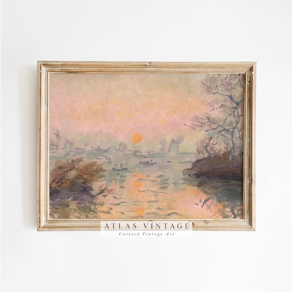 Impressionist Sunset Over River Orange Sun Boats Painting Poster