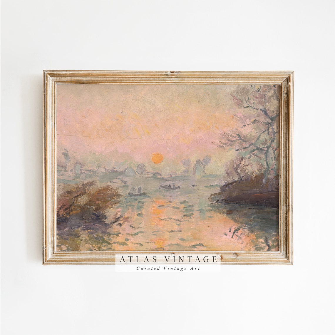 Impressionist Sunset Over River Orange Sun Boats Painting Poster