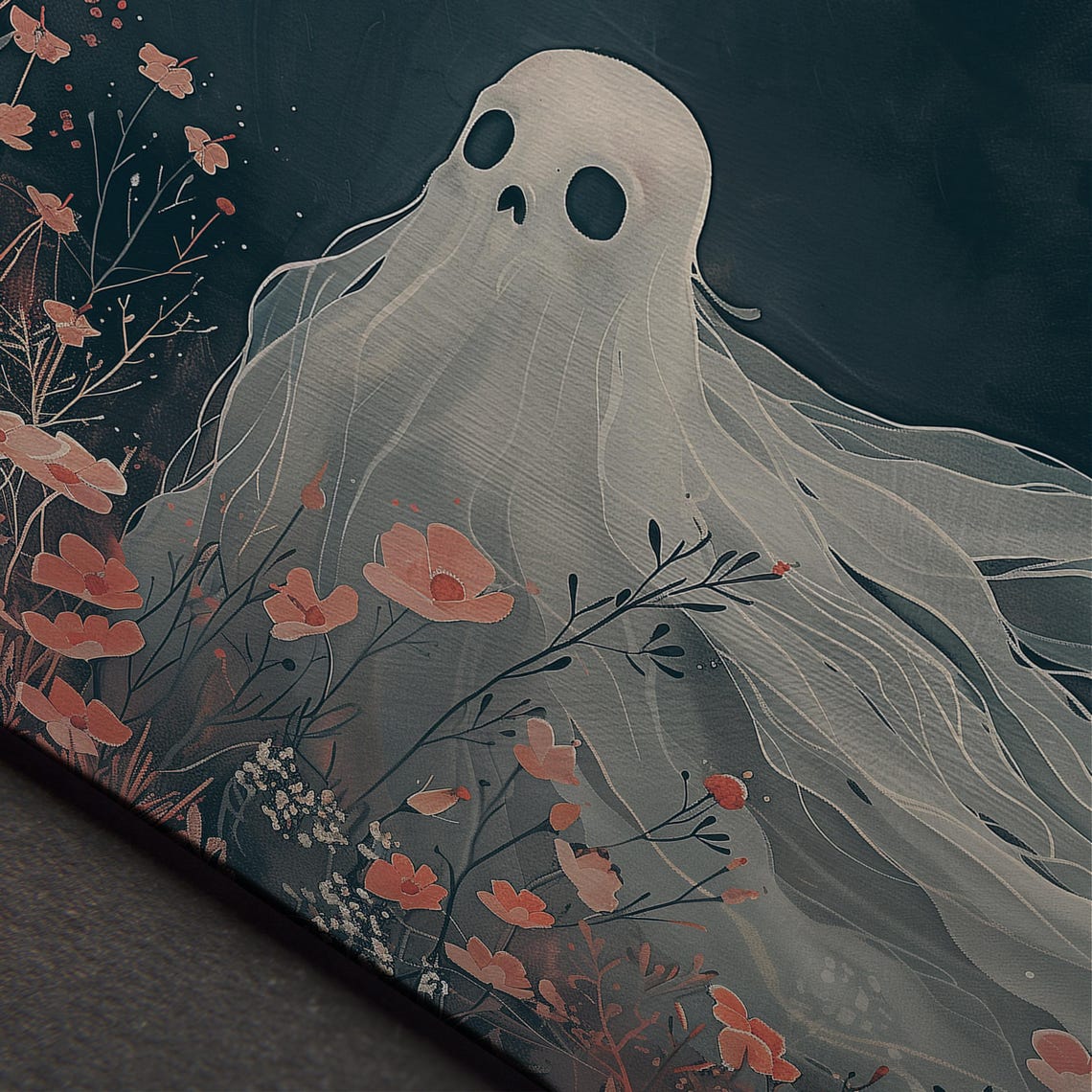 Vintage Ghost In Wildflower Meadow Print Cute Halloween Ghost Painting Funny Autumn Decor Spooky Gothic Fall Wall Art - Image 5