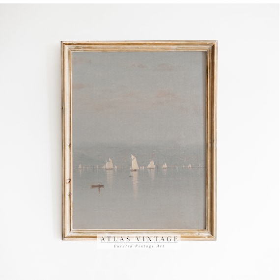 Misty Sailboat Seascape Vintage Lake Hazy Gray Boats Calm Water Poster