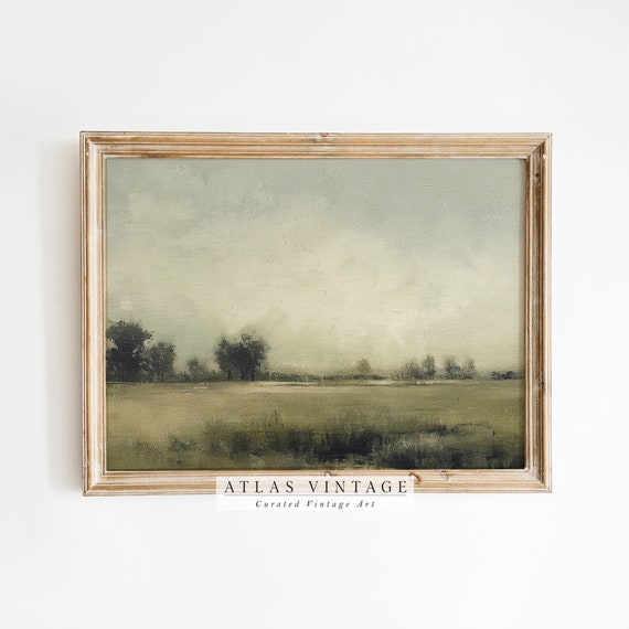 Moody Dark Green Landscape Print Vintage Summer Field Wall Art Country Scenery Tree Painting Rustic Spring Earthy Decor