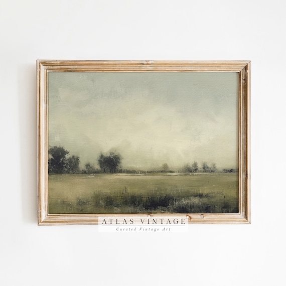 Moody Green Field Landscape Misty Morning Vintage Countryside Art Poster