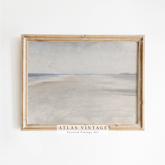 Misty Neutral Beach Painting Distant Birds Minimal Coastal Poster