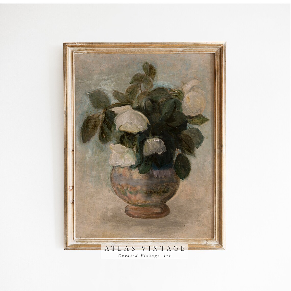 White Roses in Vase Muted Vintage Still Life Floral Painting Poster - Image 8