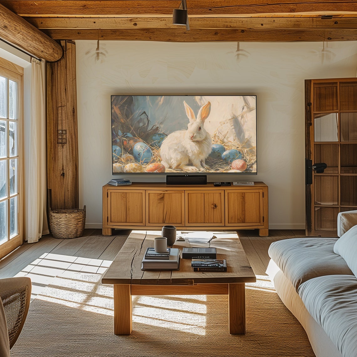 White Rabbit with Easter Eggs in Straw Nest Oil Painting Poster - Image 7