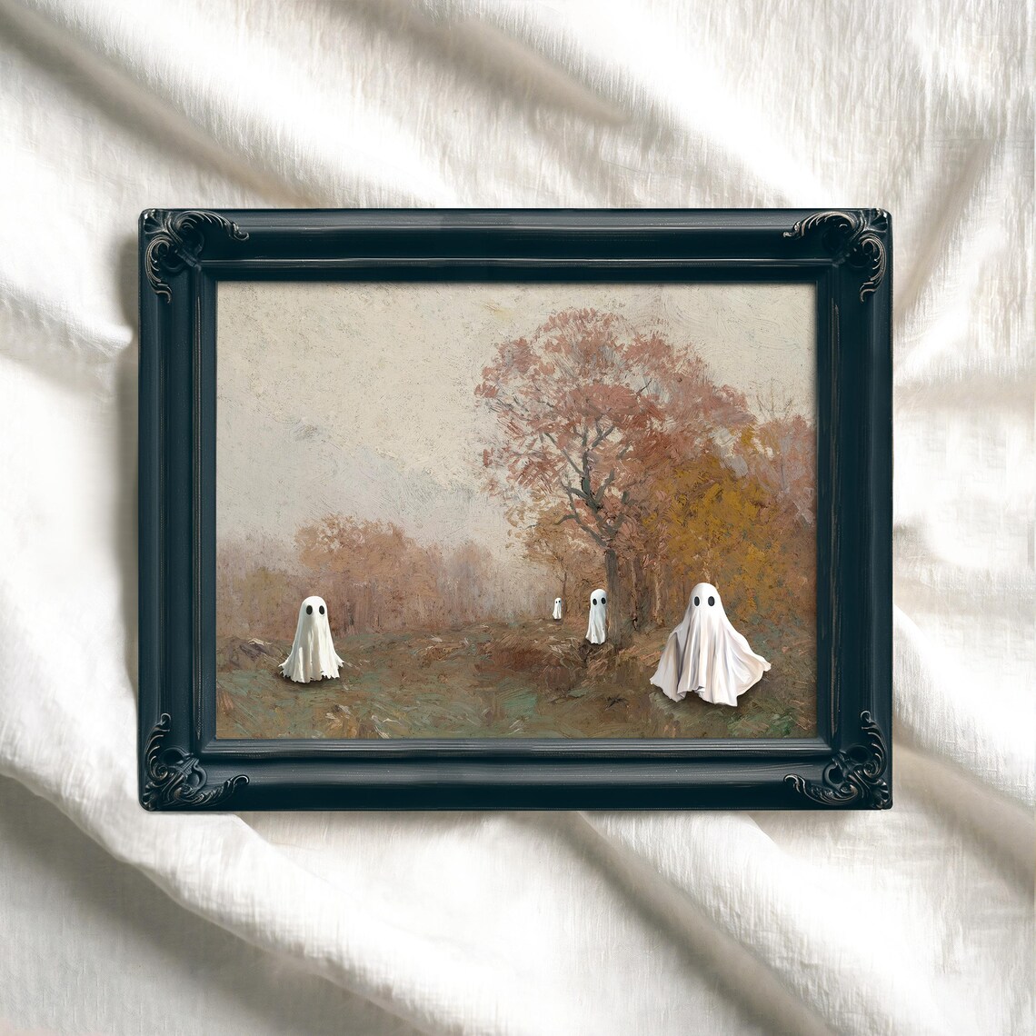 Four Cute Ghosts Misty Autumn Forest Vintage Whimsical Halloween Art Poster - Image 5