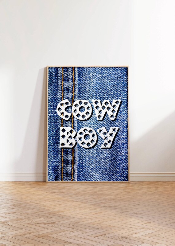 Western Cowboy Wall Art Denim Print With Star Design Rustic Home Decor Cowboy Style Room Decor Country Western Artwork Rodeo Gift For Friend