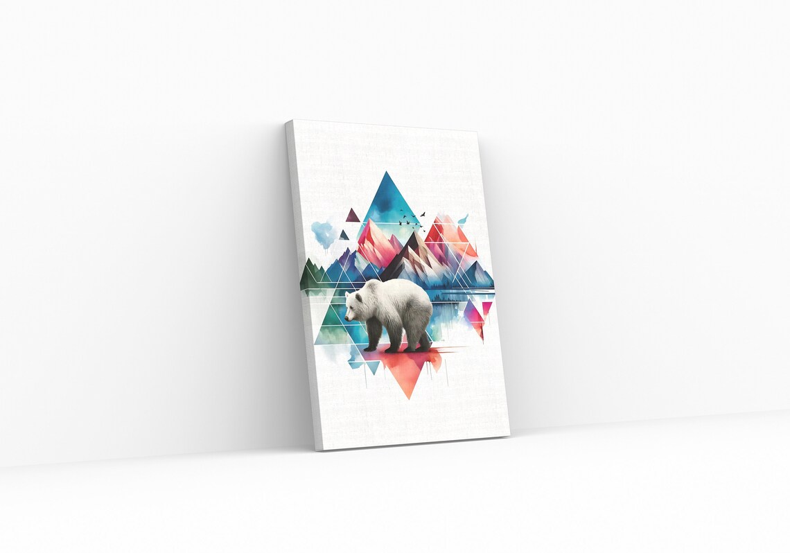 Geometric Bear Over Watercolor Mountains Wildlife Nature Art Poster - Image 3